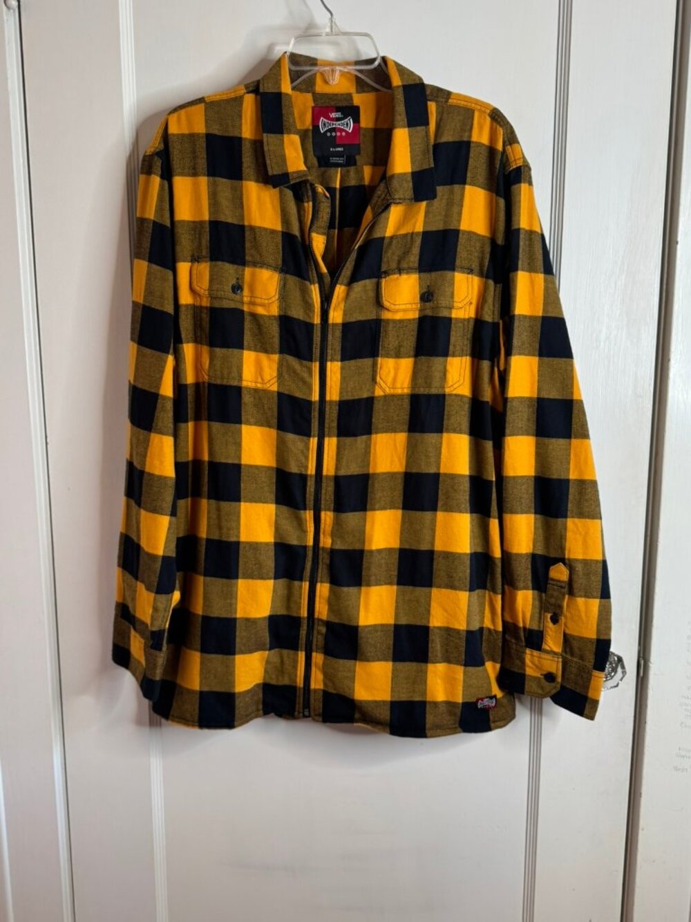 Vans x Independent Flannel Full Zip Front Shirt Yellow Black Plaid sz XL